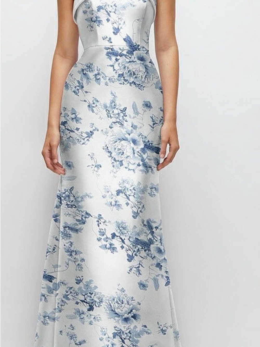 ALFRED SUNG Pale Green-White Floral Satin Strapless Maxi Dress - Picture 5 of 6